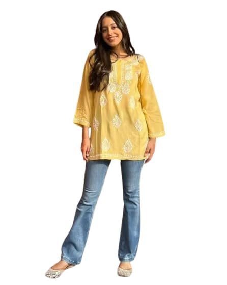 Version 1.0.0 Cotton Kurta for Women – Lakhnavi Chikankari Embroidered Ladies Kurti, Stylish Girls Top, Ethnic Half Kurtas, Tunic Design Woman Kurtis - Image 1