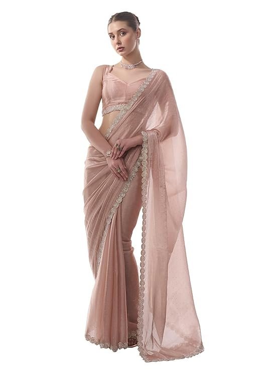 61SEyDRjd3L._SY741_ Women's Chiffon All Over Fix Diamond & Lace Work Saree With Art Silk Matching Unstitched Blouse Piece - Image 1