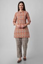 Women's Cotton Short Kurta with Pants - (Orange) - Image 2
